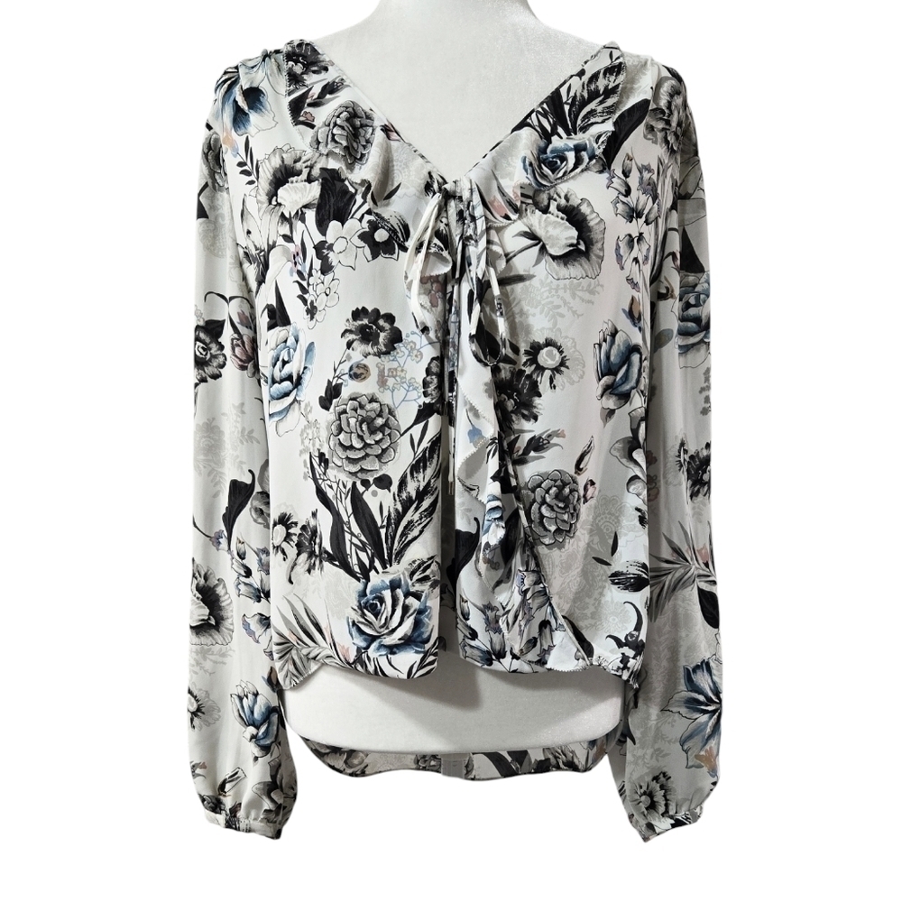 White House Black Market Cream Floral Ruffle Collar Surplice Neck Hi Lo Blouse